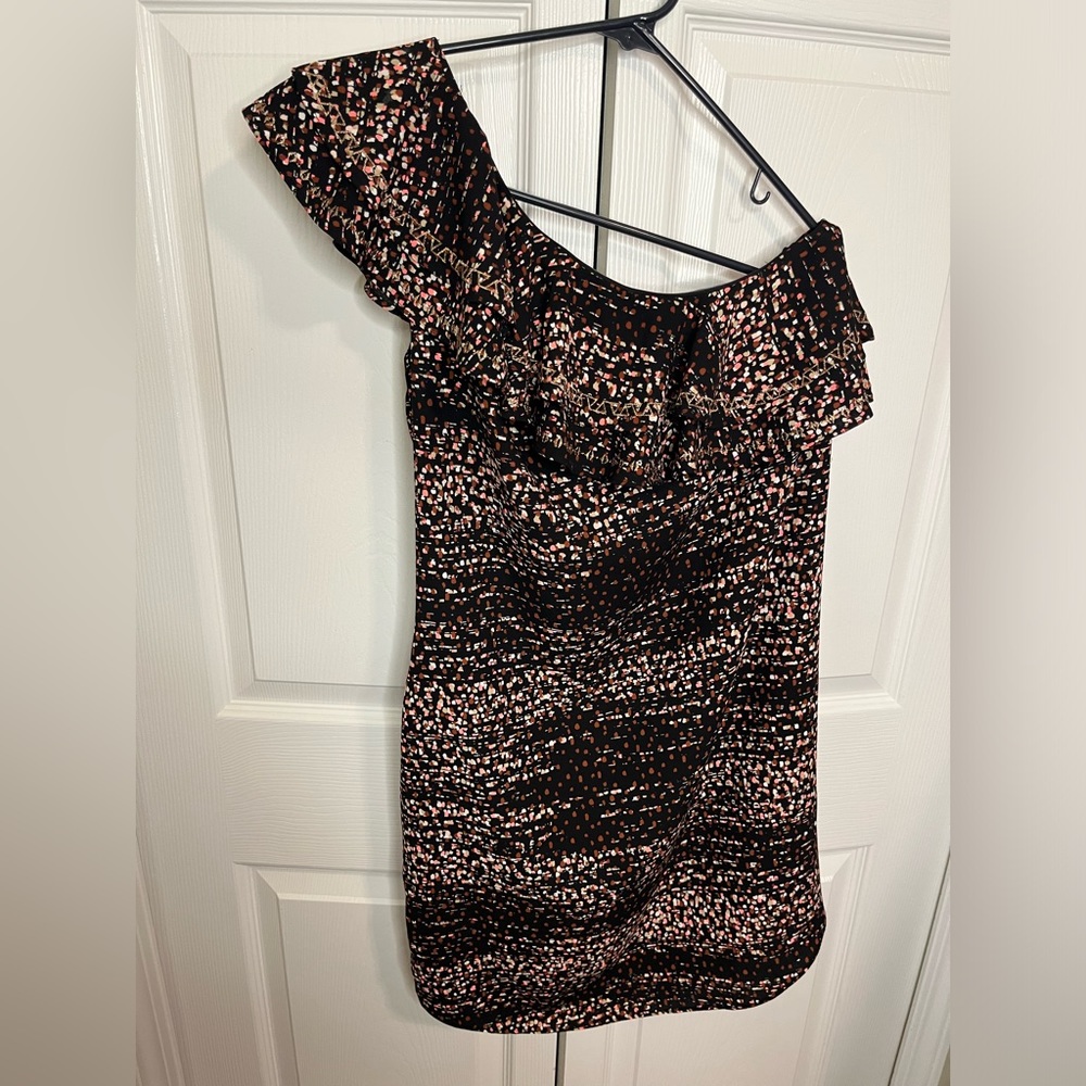 APT. 9 ladies black brown pink one 1 shoulder dress ruffle‎ neck lined M